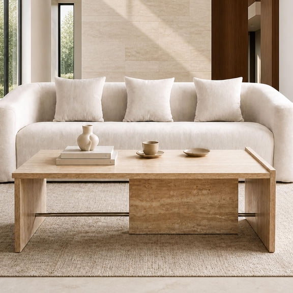 Faux Travertine Coffee Table Rectangular Design with Sturdy Frame