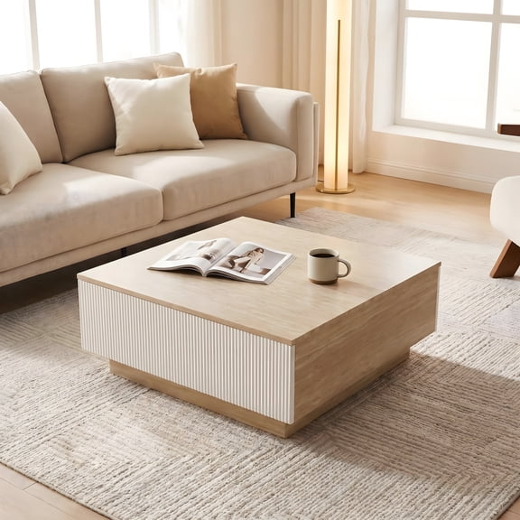 Faux Travertine Coffee Table w/ 2 Storage Drawers, Minimalist Beige Stone Look Matte Finish Low Profile Center Cocktail Table, Contemporary Accent Table for Japandi Wabi-Sabi Living Room Decor, Beige