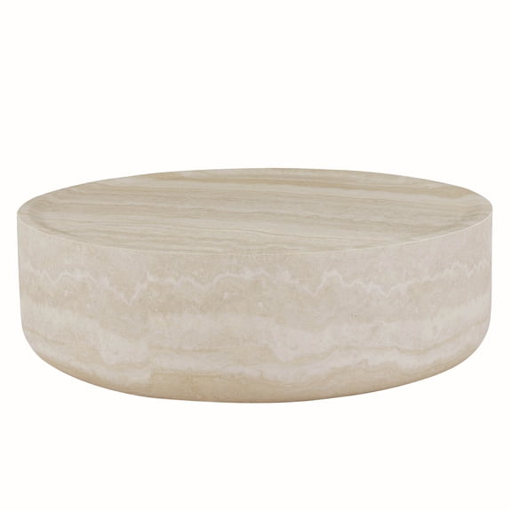 Faux Travertine Round Coffee Table, 39.37 Inch No Assembly Modern Marble Pattern Accent Table for Living Room