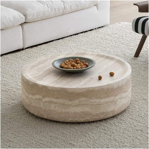 Faux Travertine Round Coffee Table for Living Room, 35.43 Inch No Assembly Textured Marble Pattern Fiberglass Top
