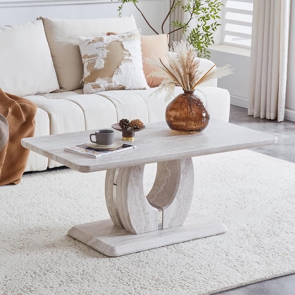 Faux Travertine Stone Coffee Table for Living Room, 43.3-Inch Rectangle Center Table with Faux Mars Marble Pattern, Modern Coffee Tables Cocktail Tea Table for Dining Room Apartment, Light