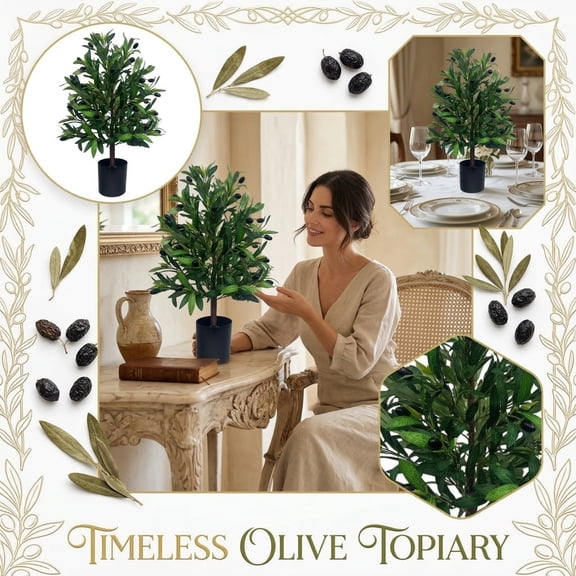Faux Tree Outdoor, Artificial Olive Tree, Uv Resistant Outdoor Faux Plants, 25.5inTall Shrub, Black Plant Pot Indoor Decor