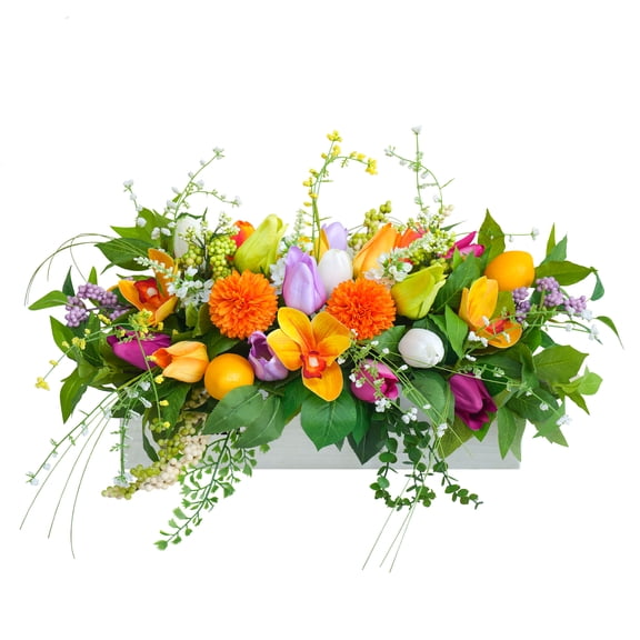Faux Tulip Orchid Floral Centerpiece, 23 Inch Artificial Flower Arrangement in Wooden Box, Orange Purple Table Decor for Dining Kitchen Wedding Spring Summer Party Home