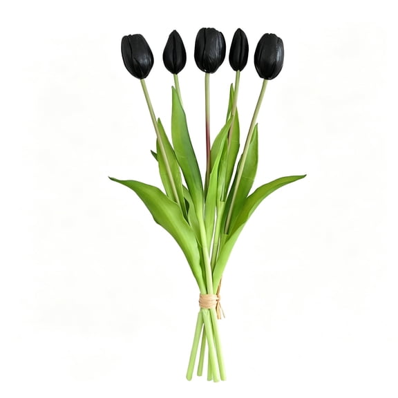 Tulips Artificial Flowers 5 Pcs 15.7 Inch Black, Lifelike Silk Tulips for Home Decor and Table Centerpiece, Real Touch Flowers Bouquet for Wedding Arrangement Vase Filler