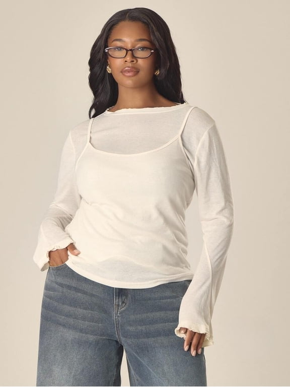 Faux Two Layer Top for Women Long Sleeve Vest Cami Layered Look Bell Sleeve Fitted Pullover Casual French Style