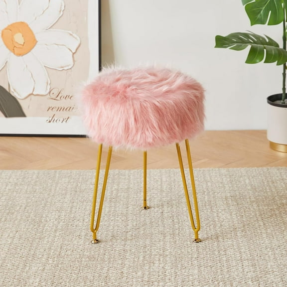 Faux  Vanity Stool Chair, Furry  Stool Ottoman, Soft Padded Seat, Round Footrest Footstools with 4  , for  Room  Entryway,  -32P