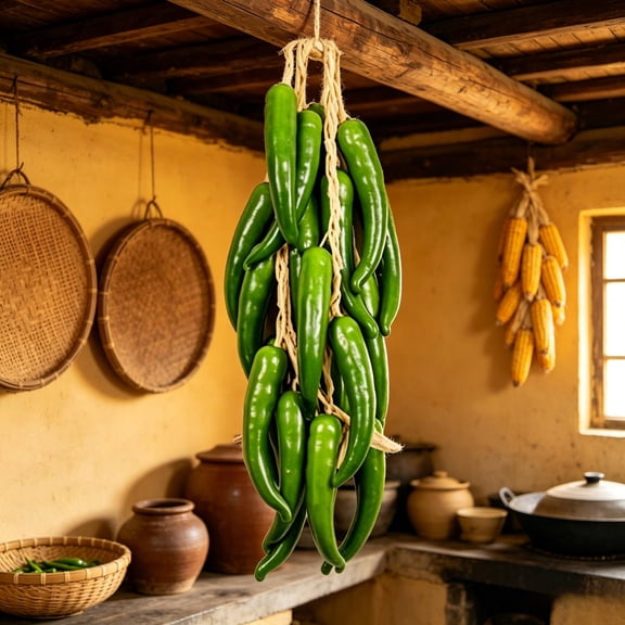 Faux Vegetable String Hanging Decor, Realistic Foam Pepper or Fish Wall Ornament, Farmhouse Style Kitchen Accent for Restaurant, Home and Photography Prop(Green)