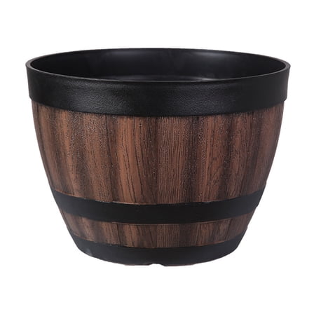 Faux Whiskey Barrel Shape Plastic Planter Round Garden Flower Pot Decor Plant Container Box