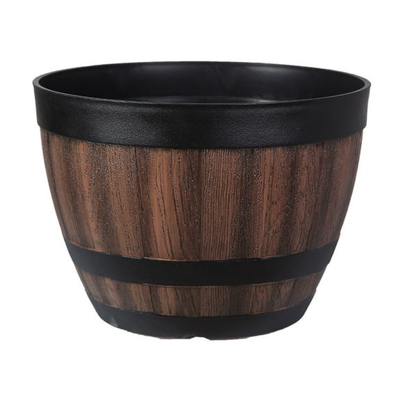 Faux Whiskey Barrel Shape Plastic Planter Round Garden Flower Pot Decor Plant Container Box