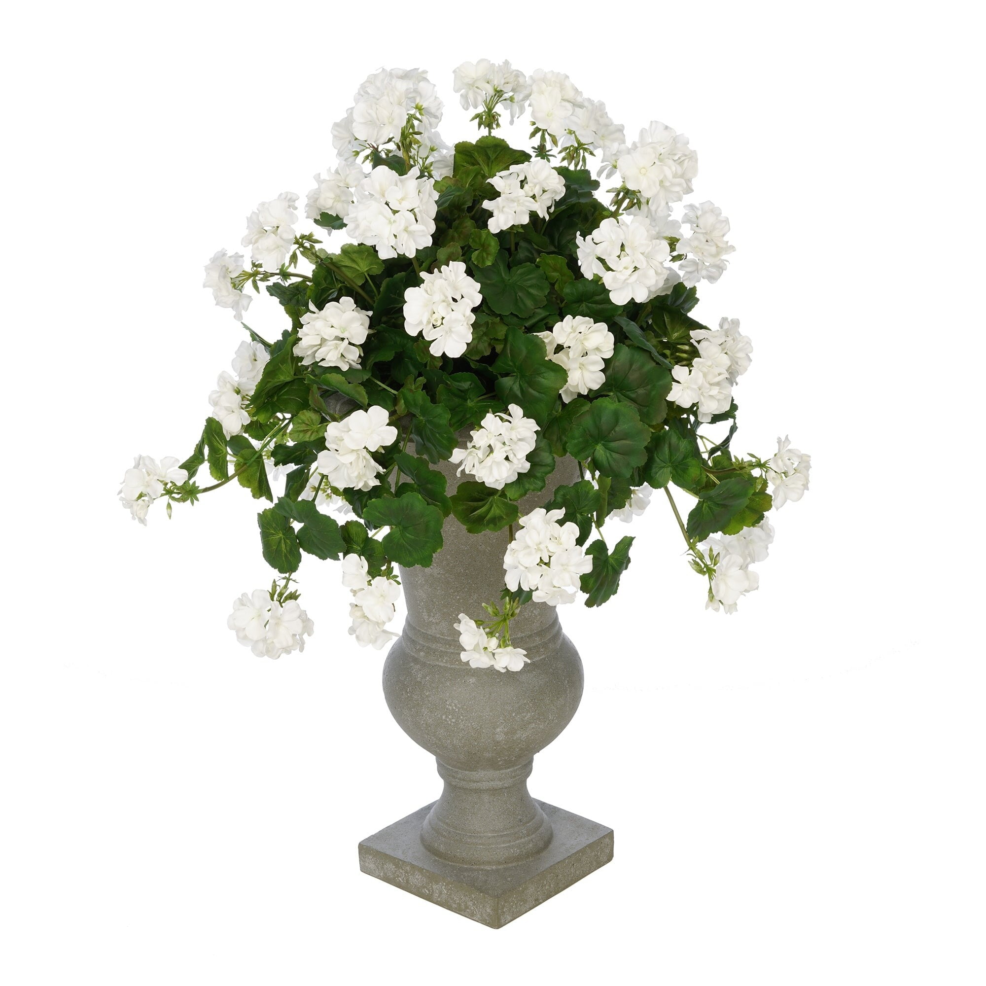 White Faux Geraniums in Gray Roman Urn Planter