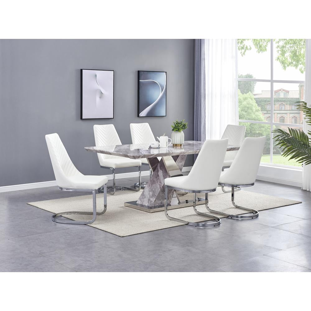 Faux White Marble Dining Set with Chairs and Silver Stainless Steel