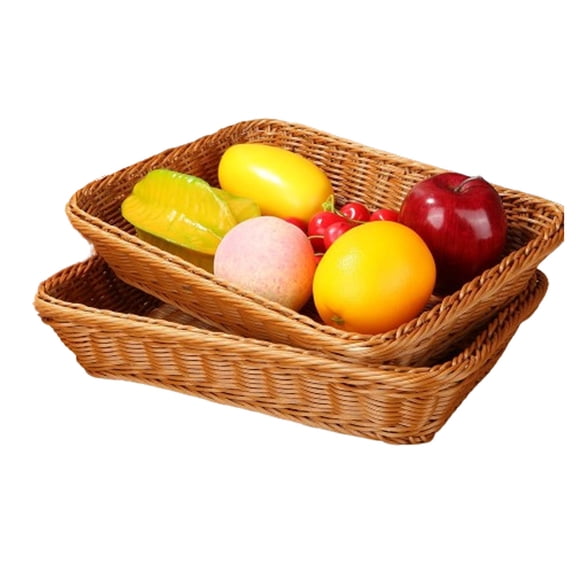 Faux Wicker Basket for Bread 2 Pack Rectangular Sundries Storage Basket 12"  7.9" Plastic Food Serving Trays Stackable Tabletop Organizer for Home Restaurant Bakery HXRH