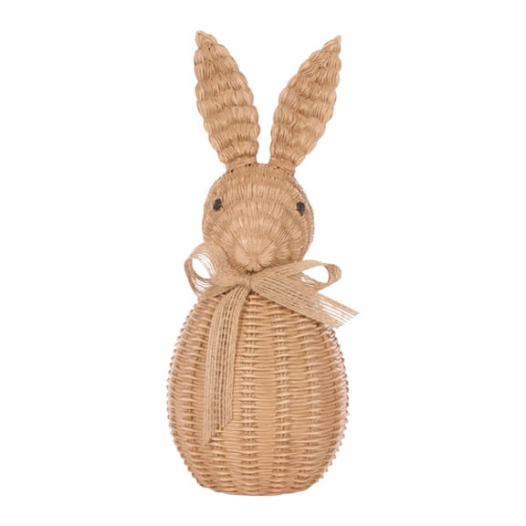 Faux Wicker Easter Bunny Figurines, 7.9 Inch Rattan Effect Plastic Statues with Blue Bows, Rustic Easter Table Centerpiece and Shelf Decor, Styles A-C