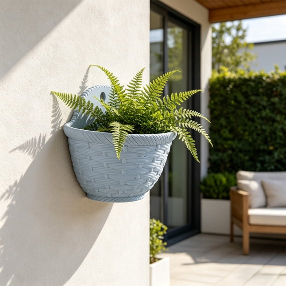 Faux Wicker Rattan Wall-Mounted Planter - Durable Plastic Flower Pot for Hydroponics, Home and Garden Decor Blue