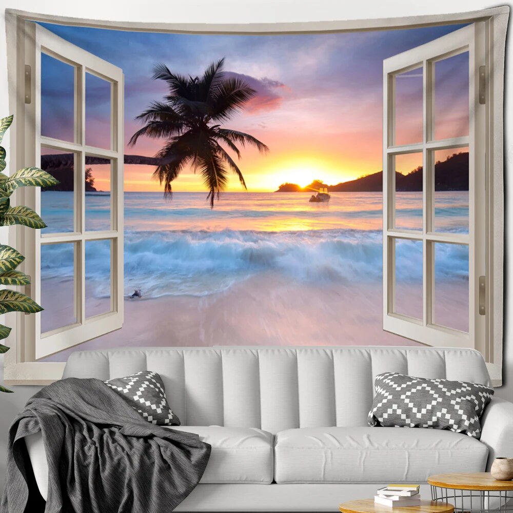 Faux Window Beach Sun Forest Painting Nature Landscape Tapestry Wall