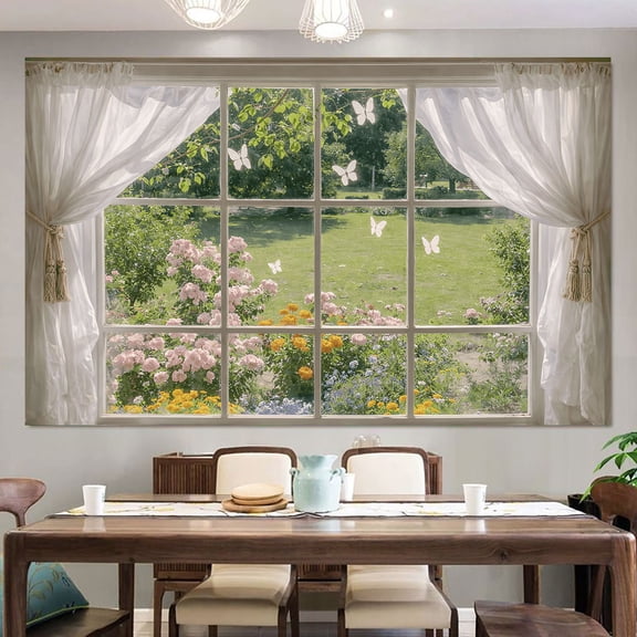 Faux Window Garden View Wall Sticker, White Curtain with Butterflies and Flowers Design, Removable Self-Adhesive Mural for Living Room Bedroom Kitchen Decor,28x20″
