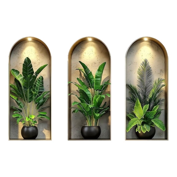 Faux Window Green Wall Stickers Set Of 3 PVC Waterproof Self-Adhesive Decor For Living Room Bedroom Kitchen 23.62 X 9.84 Inches Each