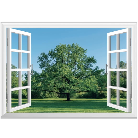 Faux Window Wall Art with Grass and Trees, 80x60 Inch Peel and Stick Decal, Set of 5 Sheets for Living Space Decor, Green