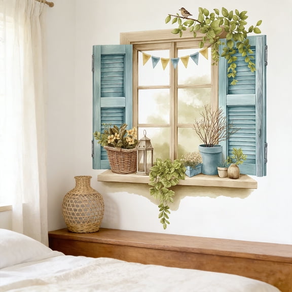 Faux Window Wall Decal with Peel and Stick Removable Design, 1 Piece, Rustic Farmhouse Floral Bird Pattern with Blue Shutters, for Living Room and Bedroom Wall Decoration