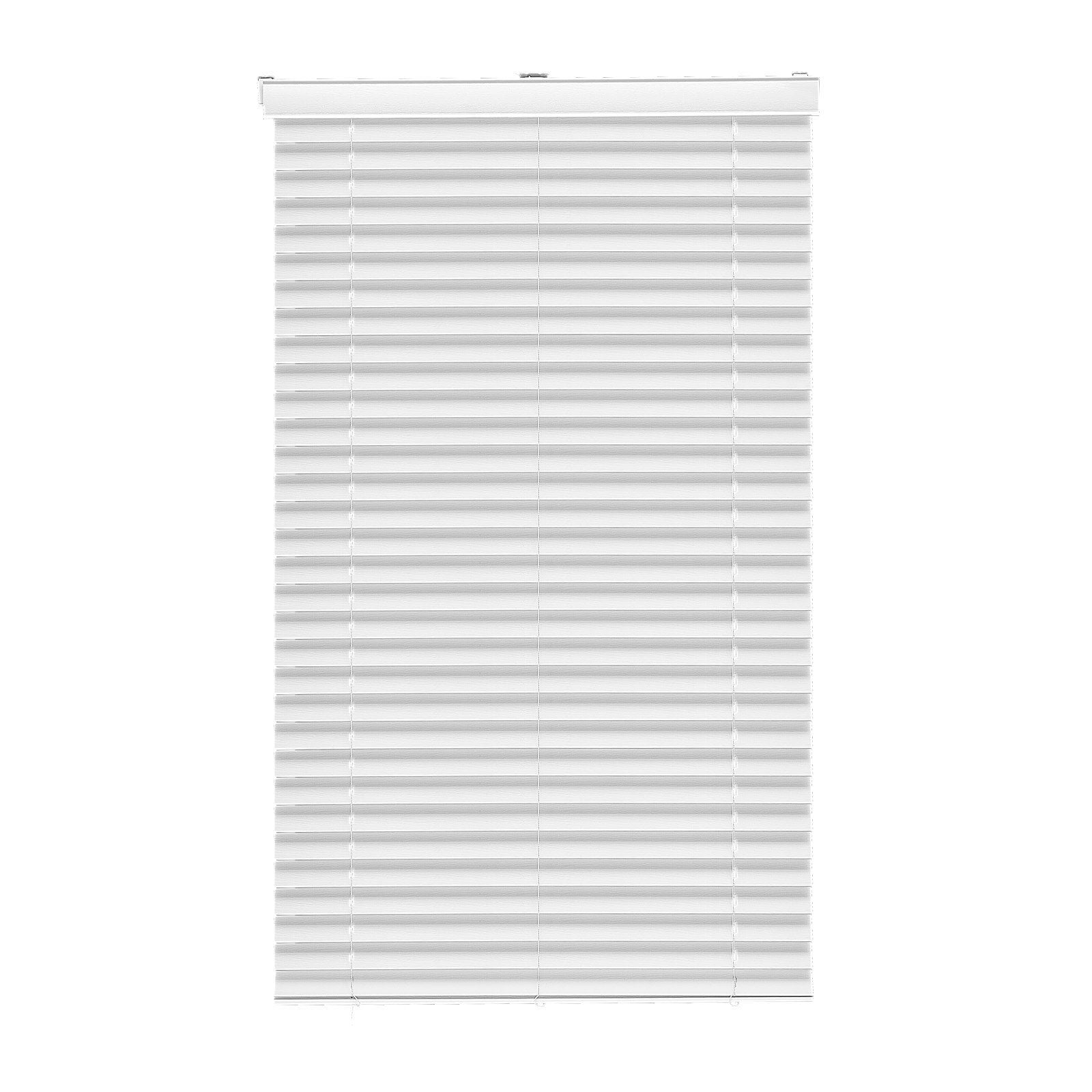Faux Wood Blinds 2 Inch Slat 34.5 by 60 Inches Cordless Window Shades with Decorative Board Easy Clean Simple Light Adjustment Room Darkening White Interior Blinds