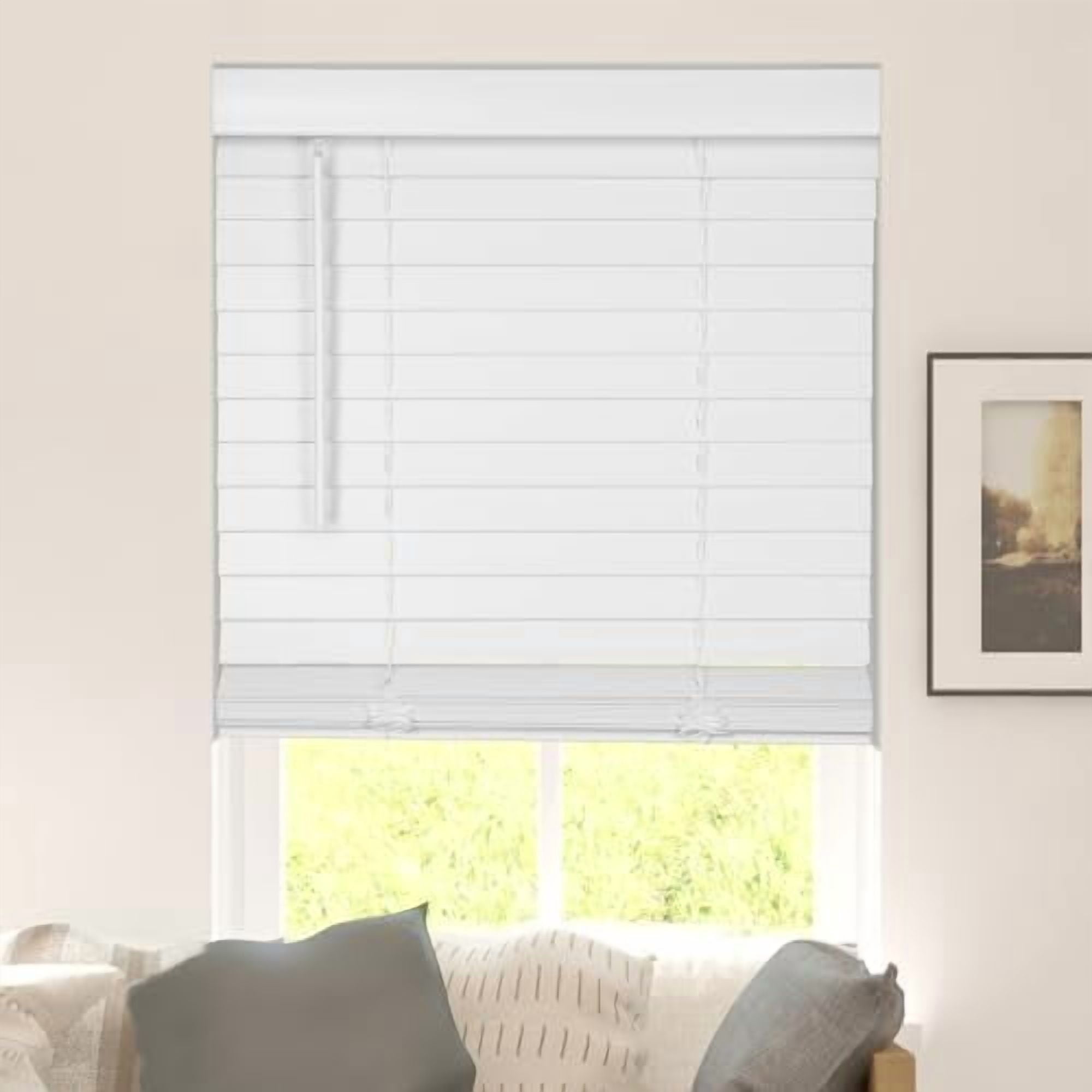Faux Wood Blinds with Classic Valance, Cordless, 2" Slat, 34.5" W x 73" H, Blinds for Indoor Windows, Room Darkening Window Blinds for Home Interior Windows and Doors, Pure White