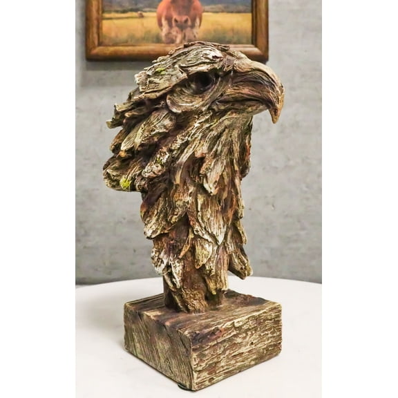 Faux Wood Carving Resin Rustic Wildlife American Bald Eagle Head Bust Figurine