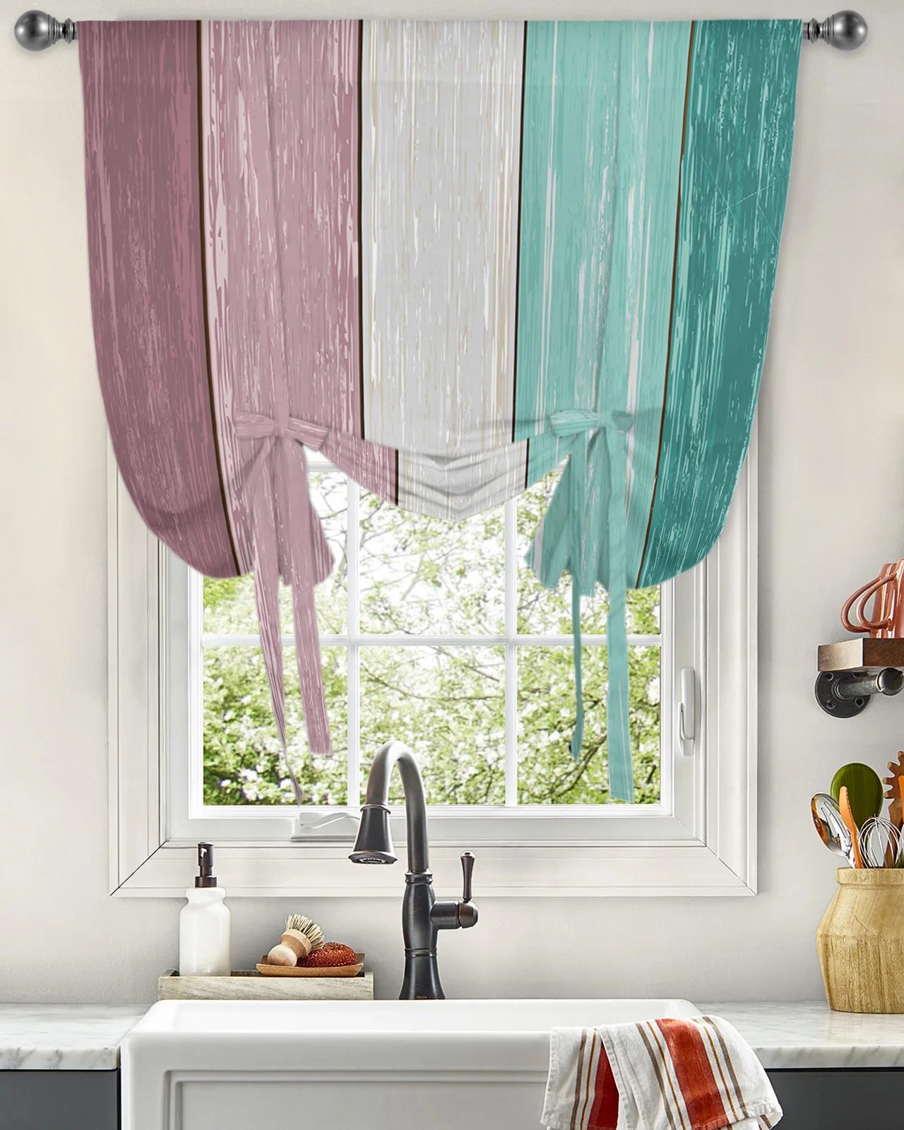 Faux Wood Grain Ocean Green Purple Gradient Curtains for Living Room