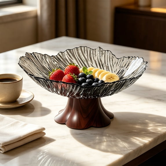 Faux Wood Grain Pedestal Serving Bowl, Clear Petal Shape Plastic, Vintage Style Fruit, Candy and Snack Bowl With Raised Base for Table or Home Kitchen