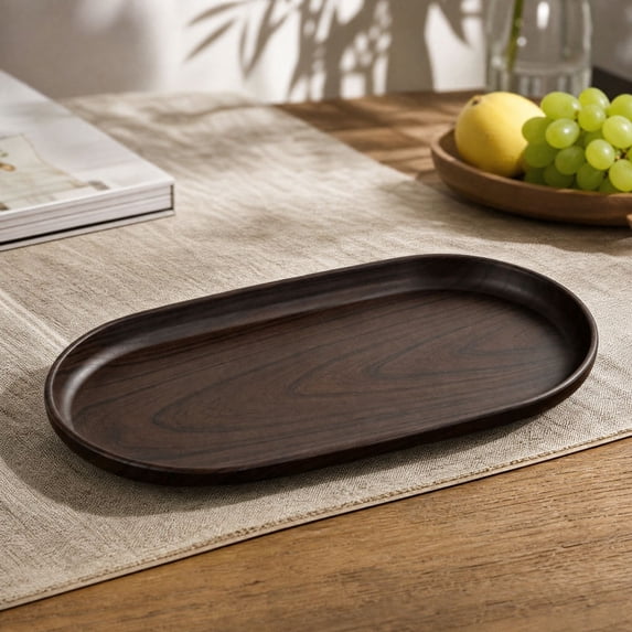 Faux Wood Grain Serving Tray Dark Brown 9.45in Oval Dessert Tray for Coffee Shop Cake Fruit Snacks Home Kindergarten Use