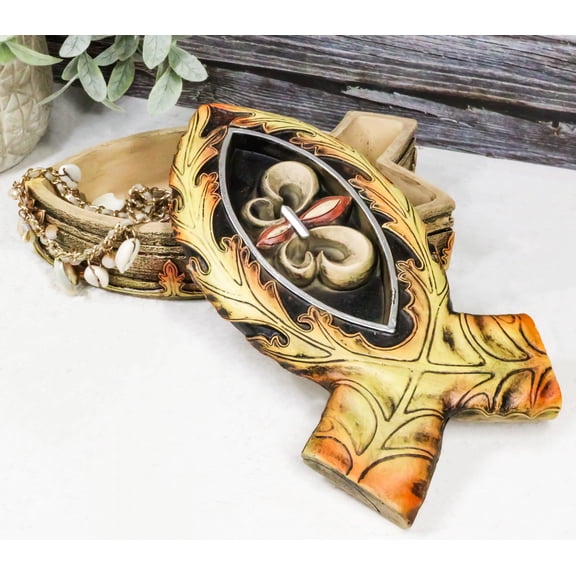 Faux Wood Jesus Fish Ichthys With Fleur De Lis Cross Decorative Trinket Box