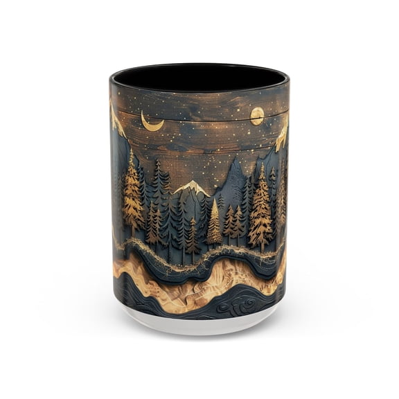 Faux Wood Mountain Forest Mug Rustic Night Sky Coffee Cup with Moon & Stars