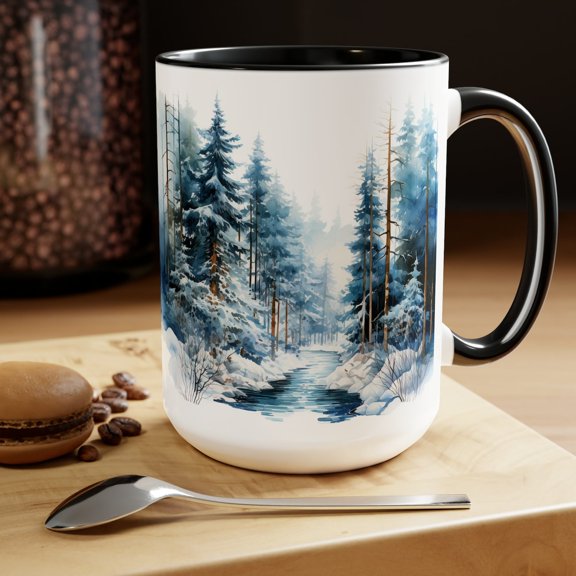 Faux Wood Mountain Mug Blue Forest Landscape Coffee Cup Rustic Pine Lodge 15oz