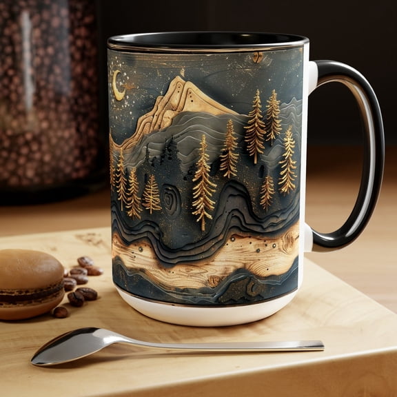 Faux Wood Mountain Mug Rustic Forest Coffee Cup Nature Lover Drinkware Cabin Outdoor Ceramic