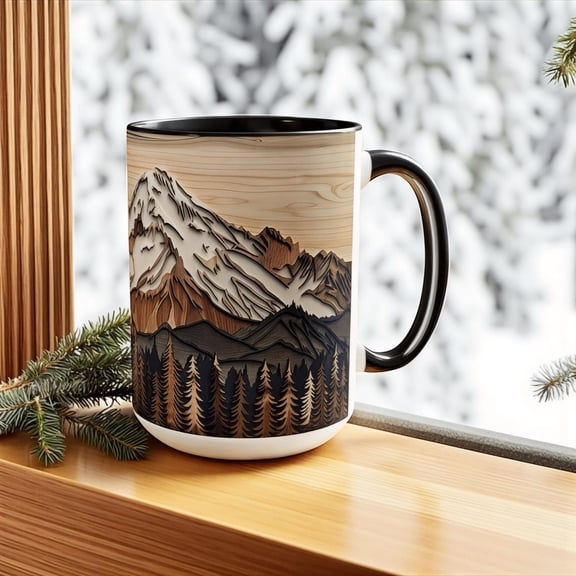 Faux Wood Mountain Mug Rustic Forest Coffee Cup with Pine Trees and Snowy Peaks Ceramic