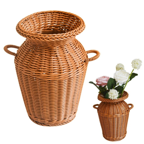 Faux Wood Rattan Pitcher Vase Flower Vases For Dried Flowers Wide Resin Basket Wicker Vases For Decor Handheld Twin Vase,1 Vase