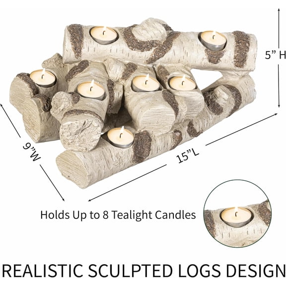 Faux Wood Resin Logs Candle Holder for Fireplace | Ambiance Without Heat or Mess | Holds 8 Tea Lights| Realistic Sculpted Logs | 15" L x 9" W x 5" H