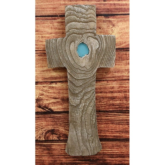 Faux Wood Rustic Tree Rings Bark with Turquoise Inlay Wall Cross Crucifix Decor