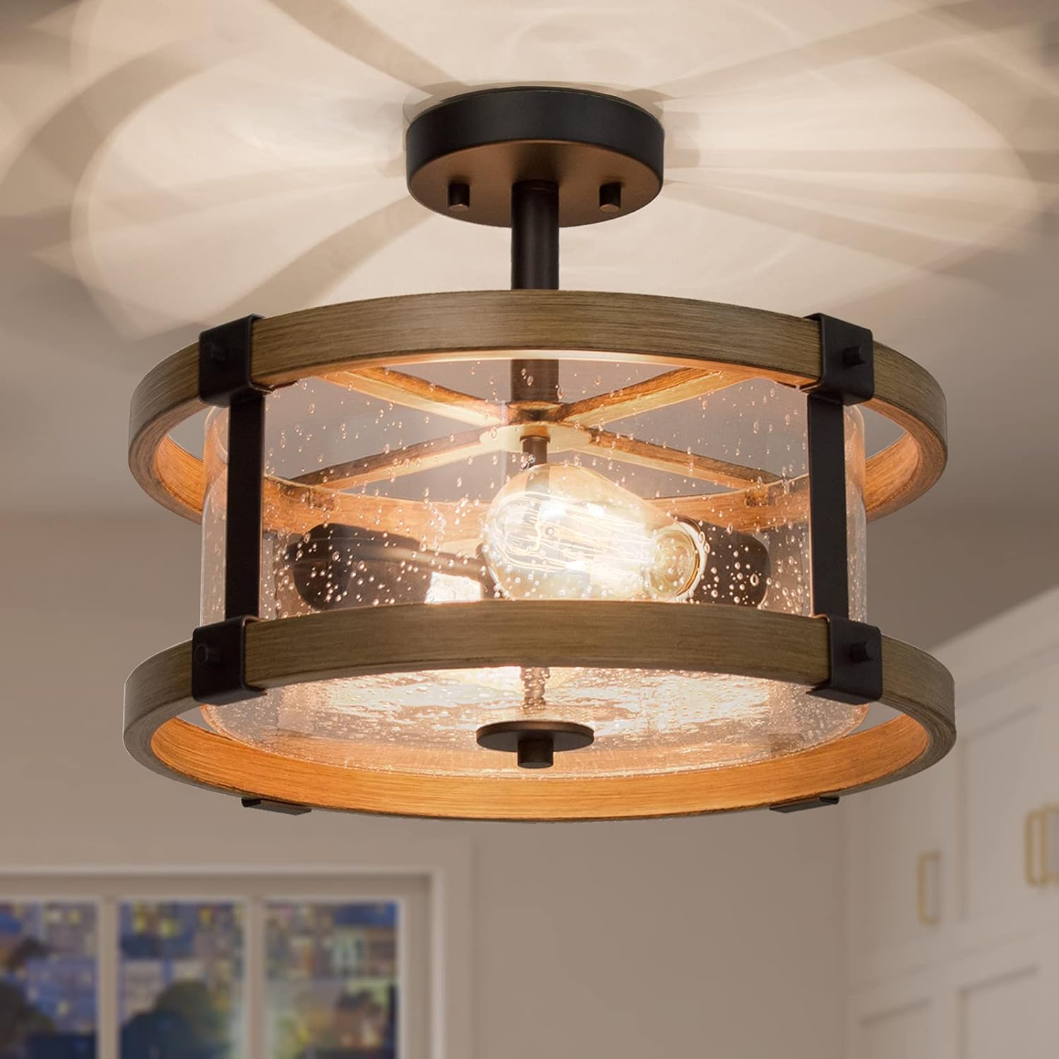 Faux Wood Semi Flush Mount Ceiling Light, Farmhouse Close To Ceiling ...