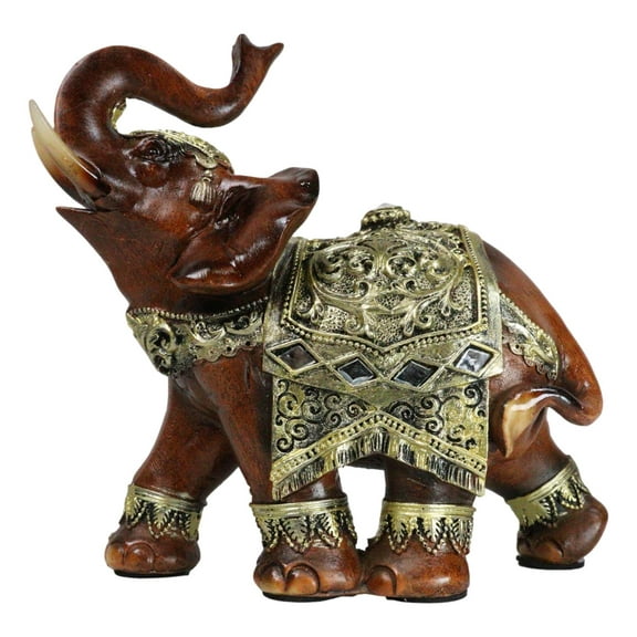Faux Wood Trunk Up Elephant With Golden Scrollwork And Glass Mirrors Figurine