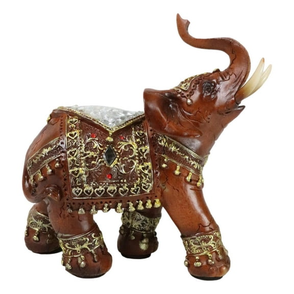 Faux Wood Trunk Up Elephant with Golden Scrollwork And Crushed Glass Figurine