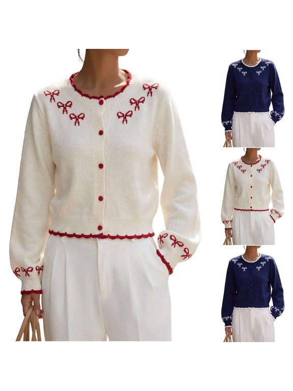 Faux Wool Womens Cardigan Bow Embroidery Button Front Scalloped Trim Ribbed Cuffs Cropped Knit Sweater for Winter Wear White S