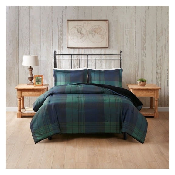 Faux Wool to Faux Fur Comforter Set - Plaid Print, Reversible Design - King/Cal King, 3 Piece