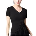 thumbnail image 1 of Faux Wrap V Neck Front Drawstring Ballroom Dance Training Clothes T Shirts Tops For Women Dance Yoga Practice, 1 of 2