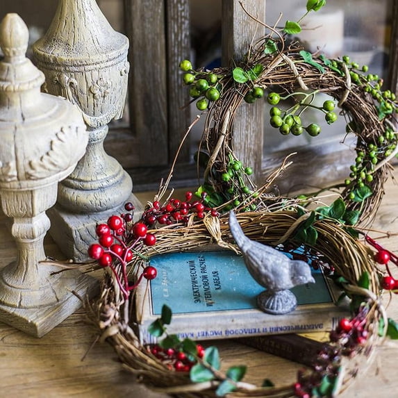 Faux Wreath Natural Rattan Willow Small Berry in Green and Red 2.5" D Set of 2