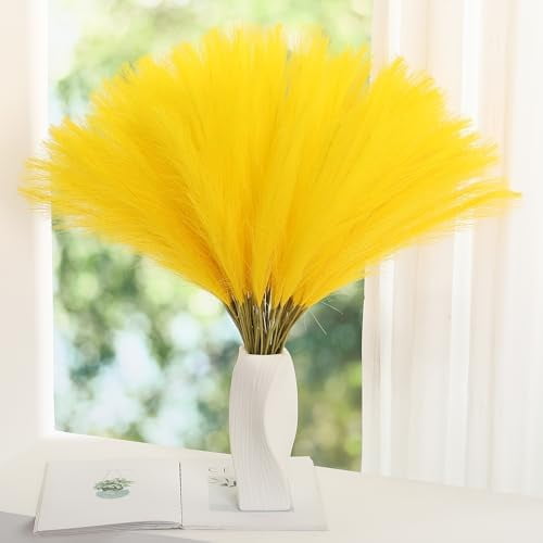 Faux Yellow Pampas Grass - 30pcs 24 Inch Short Artificial Pampas Grass Decor, Fake Pompas Floral for Vase Filler, Wedding Flower Arrangement, Party and Home Decor (Yellow, 30 Pieces)