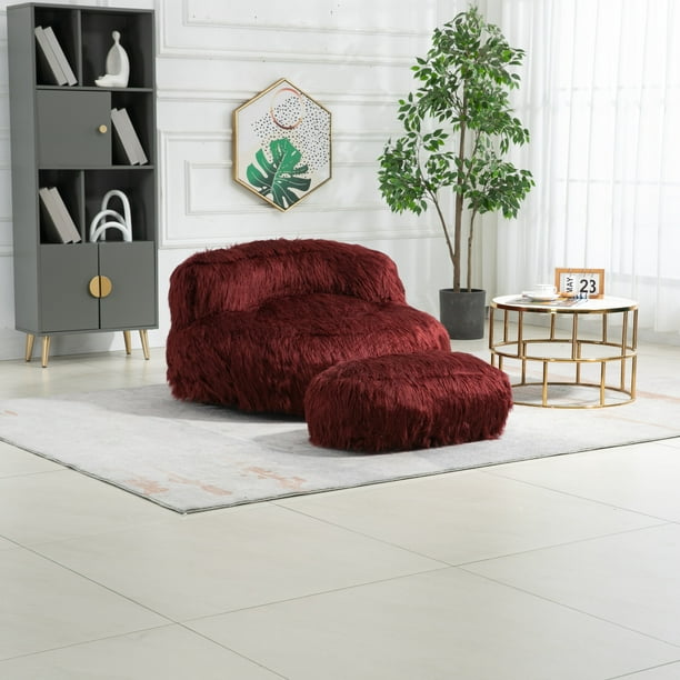 Faux fur Bean Bag Chair with Footstool for Adults Teens Kids Lazy Sofa Lounger High Back Bean Bag Chair Couch for Indoor Wine Red Walmart Business Supplies