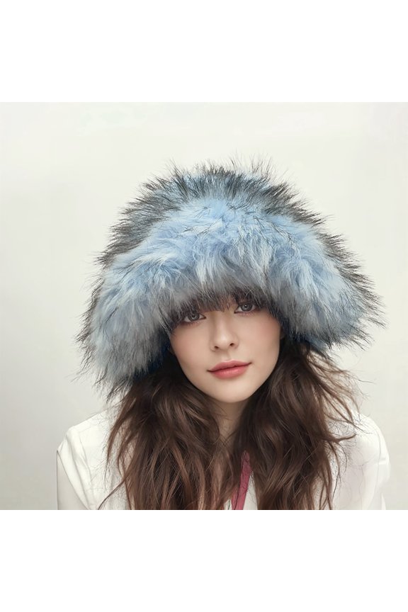 Faux fur bucket hat, fluffy wide brim bucket hat, outdoor travel warm hat, colorful gradient plush winter party hat