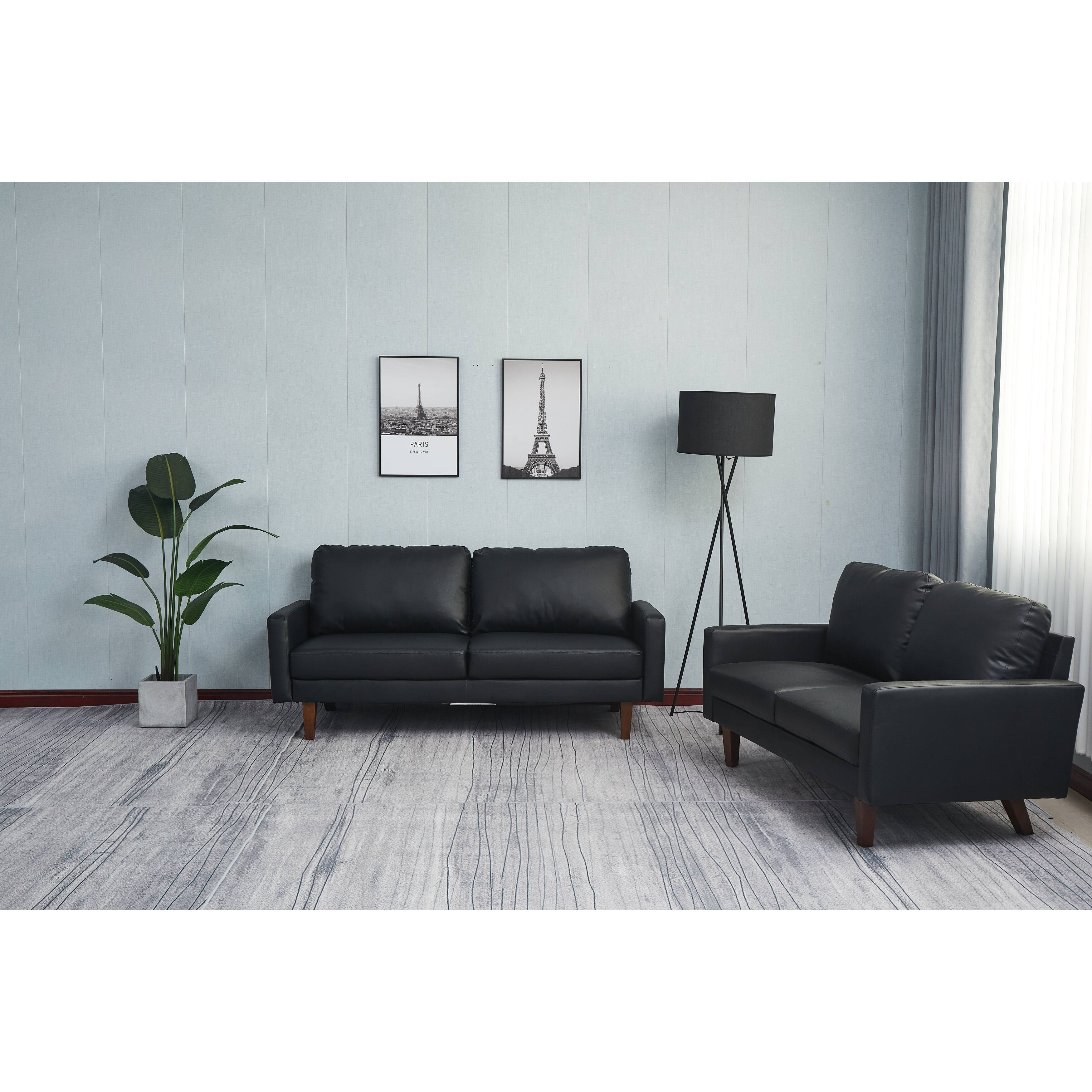 Black Faux Leather 2-Piece Sofa and Loveseat Set with Wooden Legs