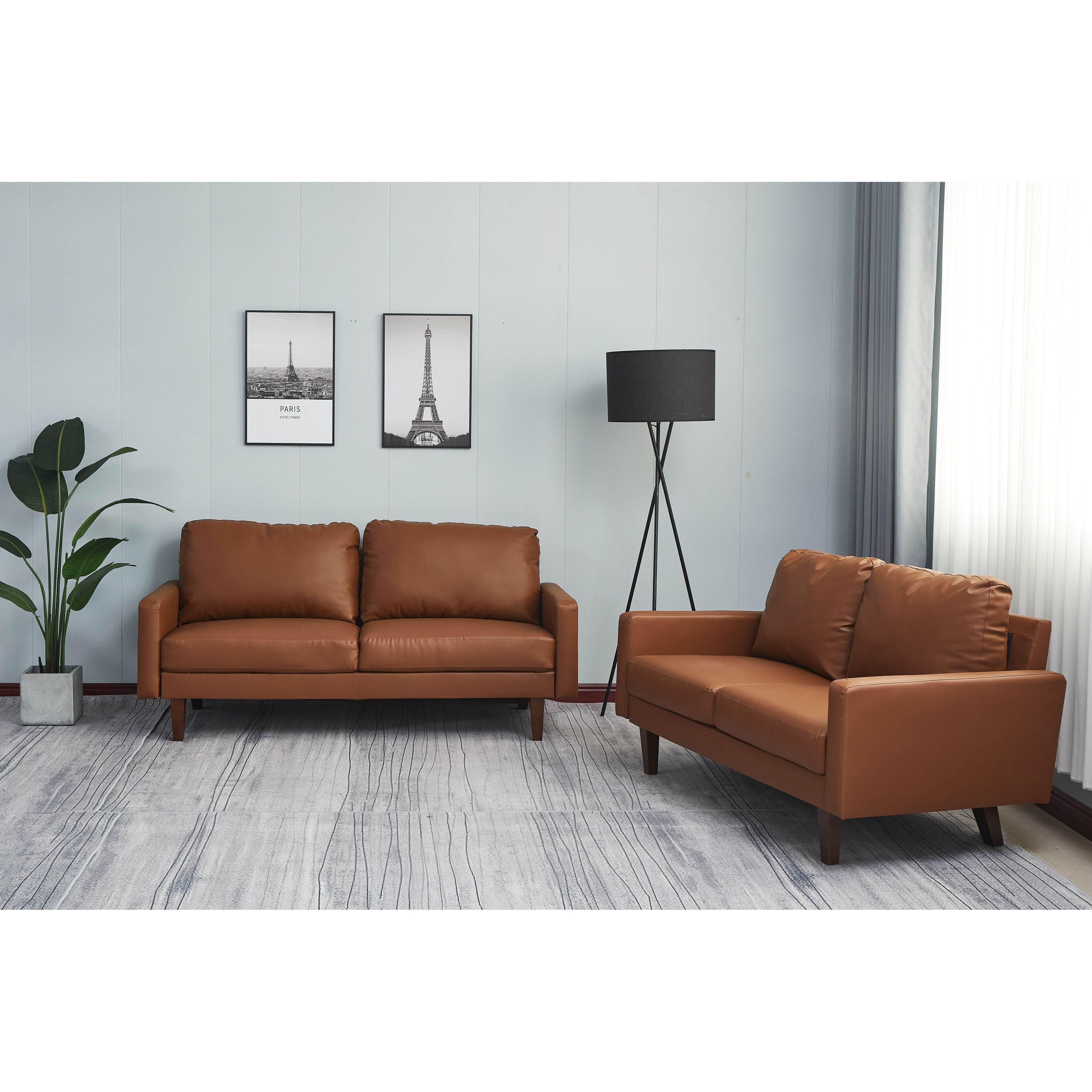 Brown Faux Leather 2-Piece Sofa and Loveseat Living Room Set