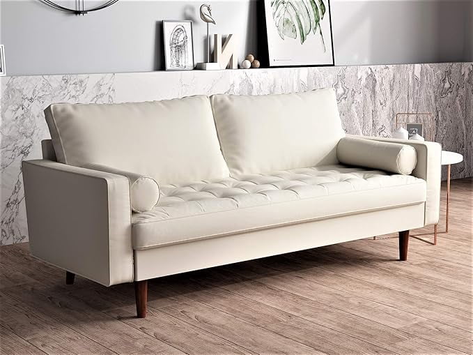 Faux leather Mid Century Modern Couch with Bolster Pillows